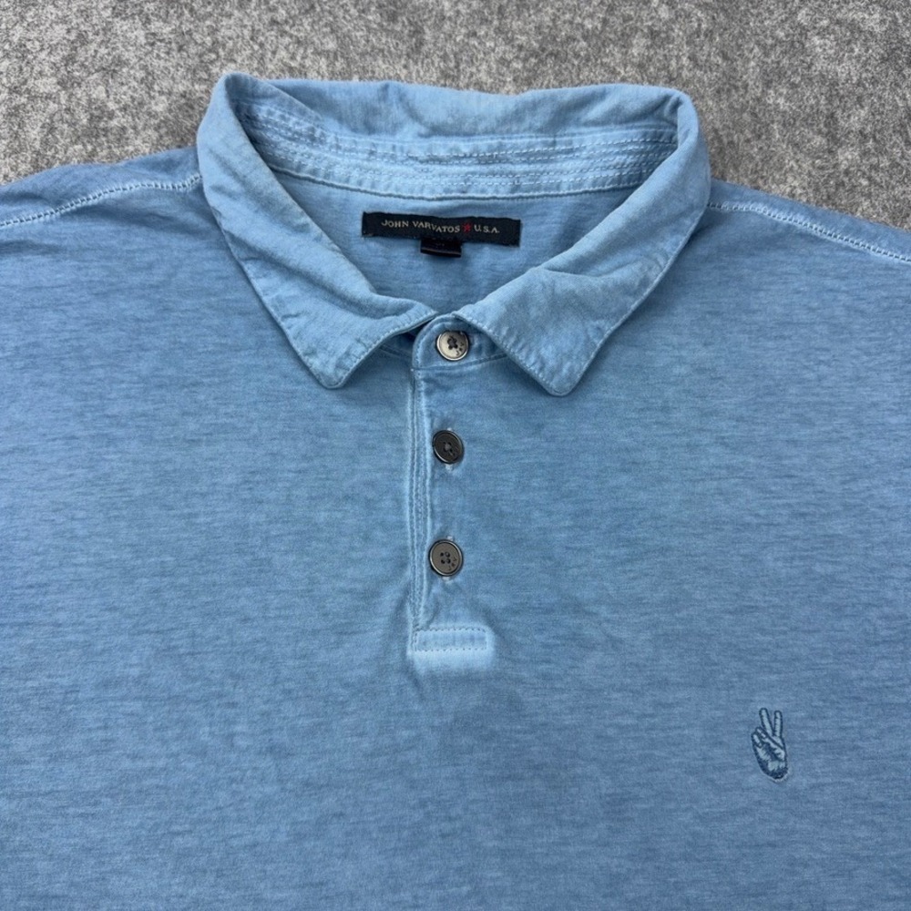 John Varvatos Polo Shirt Mens XL Blue Short Sleeve Peace Sign Slub Cotton Casual - Picture 3 of 11
